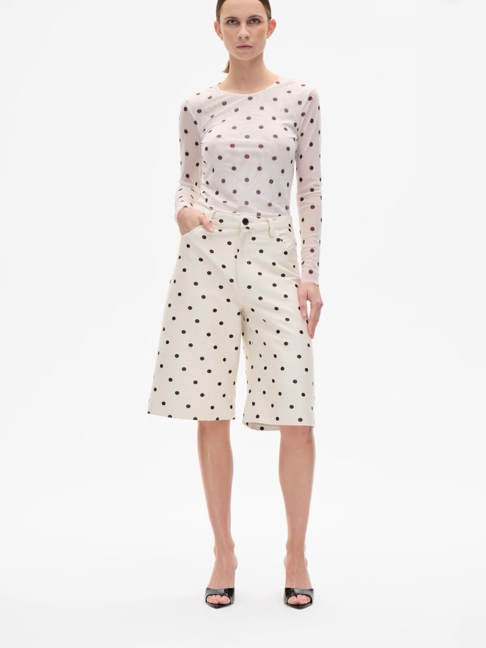 Baum und pferdgarten Polka Dot Long-Sleeve Sheer Top - white with Black Dots
